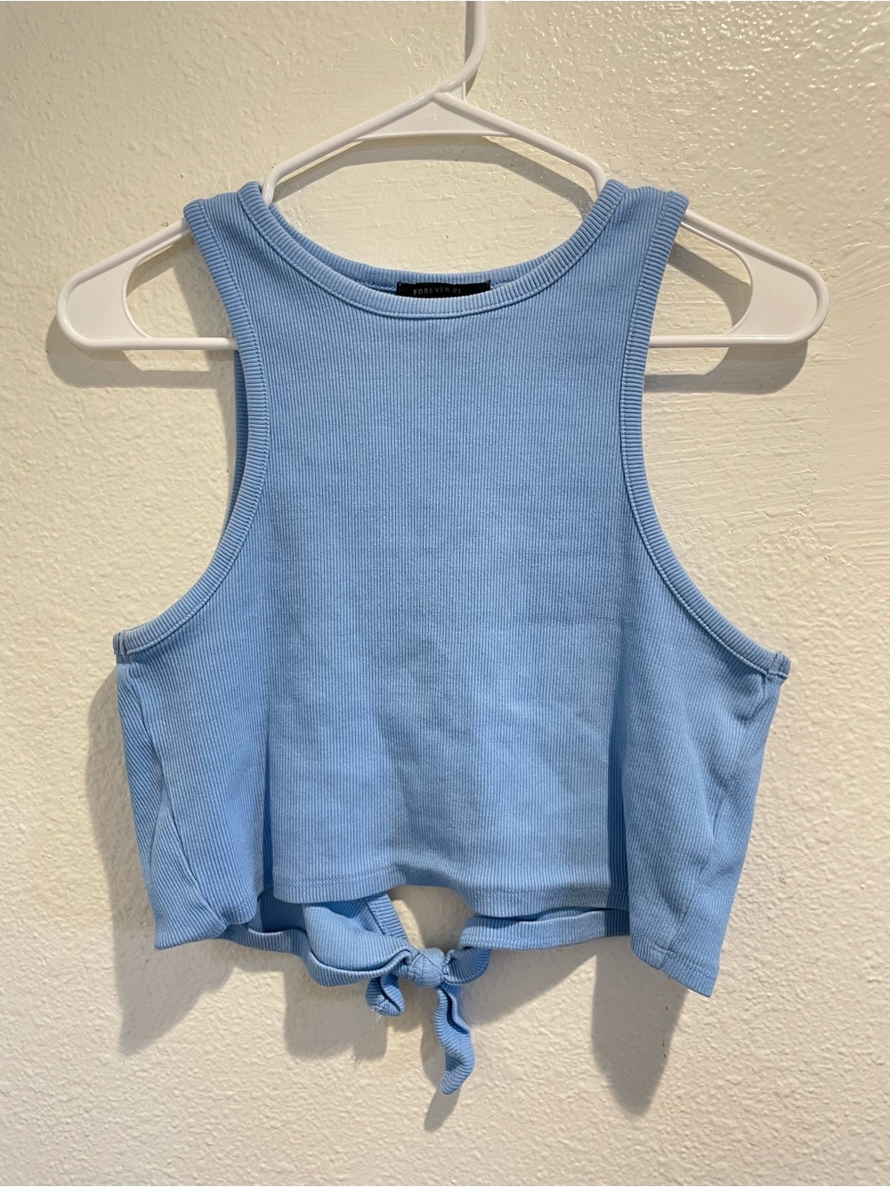 🩵 Forever 21 Light Blue Ribbed High Neck Open Back Tie Crop Tank Top L ☀️